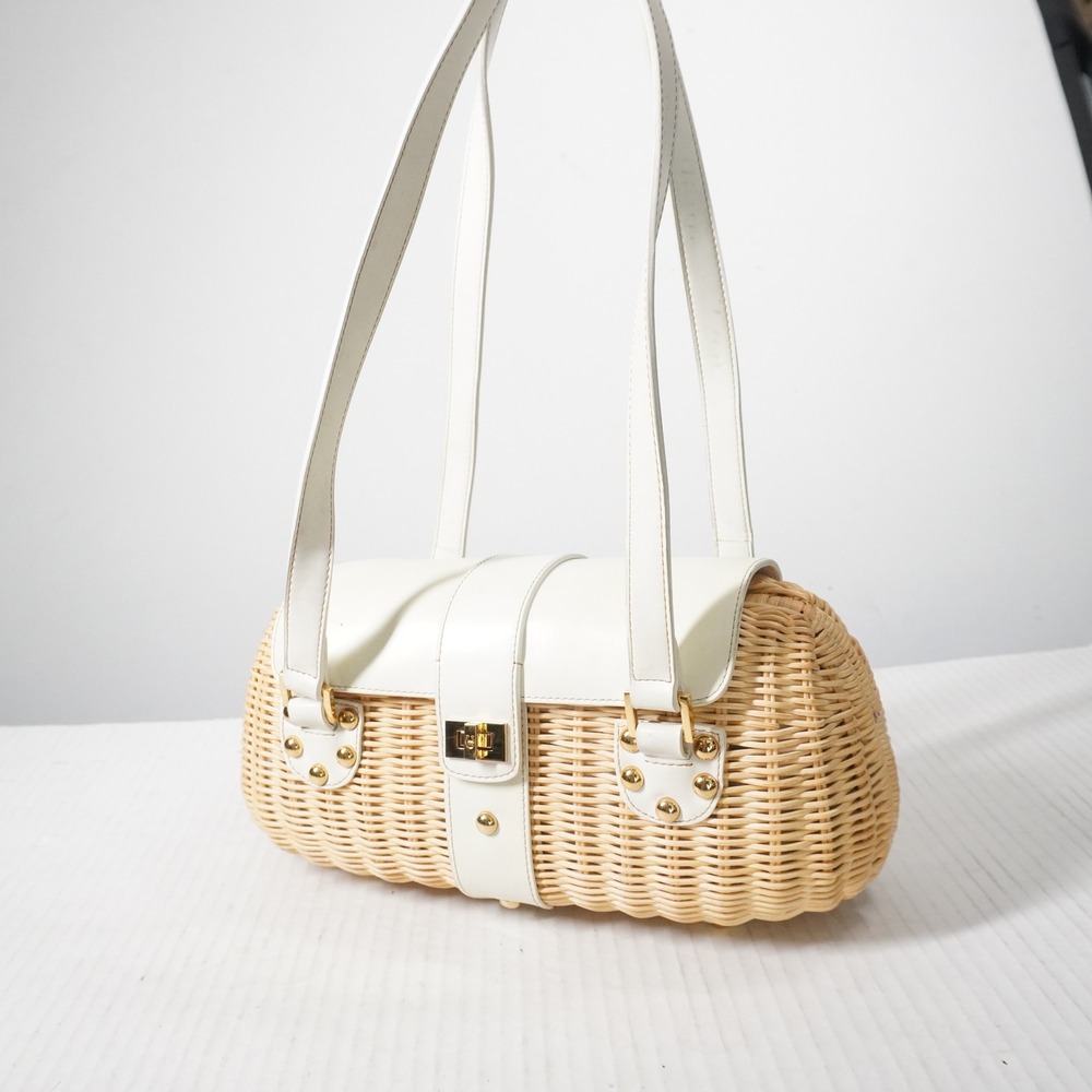 VTG Aigner Wicker Basket Bag Women OS White Tan Leather Trim Gold Hardware